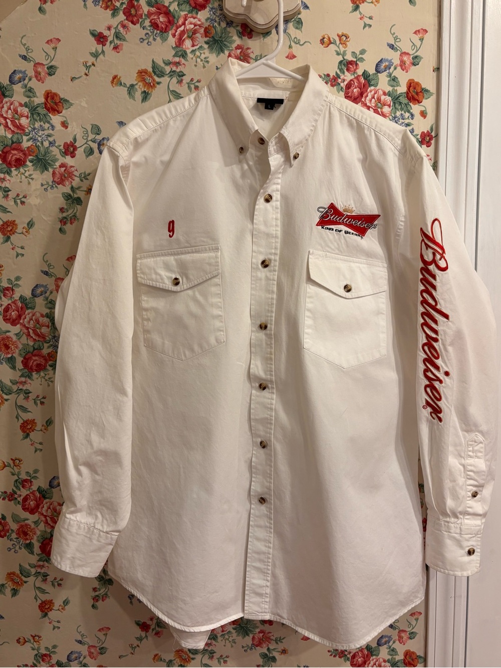 Budweiser King of Beers Embroidered Shirt Men L Rodeo Cowboy Western
